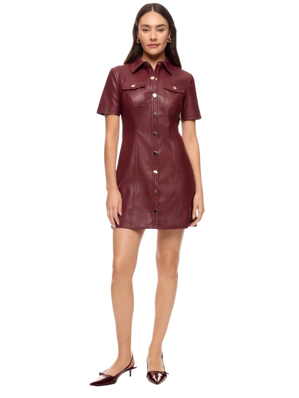 Toccin x RTR- Burgundy Faux Leather Button-Front Shirt Dress Size 10